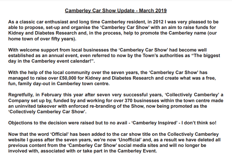 Announcement of Camberley Car Show